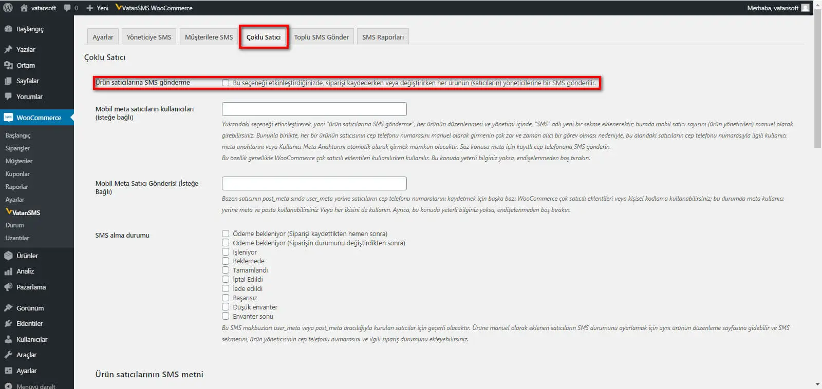 WooCommerce çoklu satıcı (multivendor) SMS ayarları