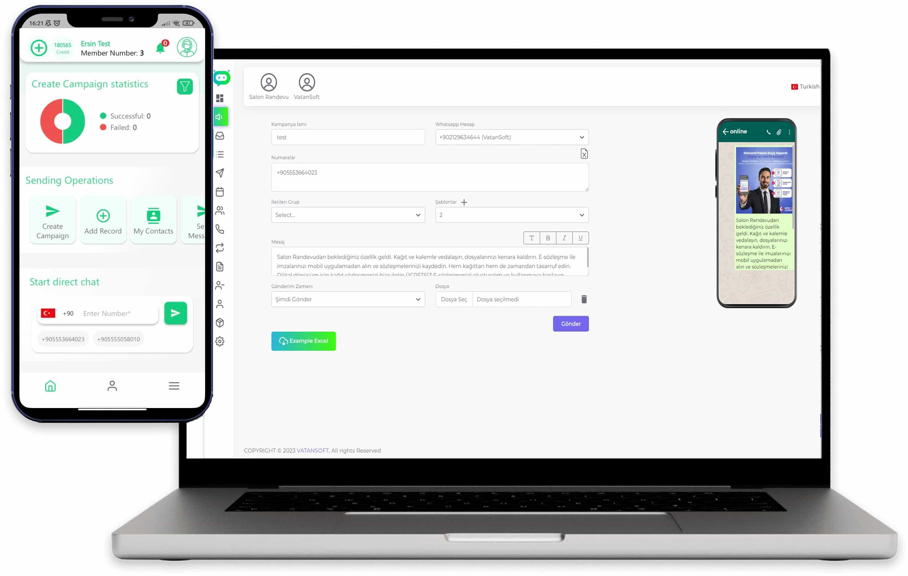 VatanSMS.net WhatsApp Toplu Mesaj Gönderim Ekranı