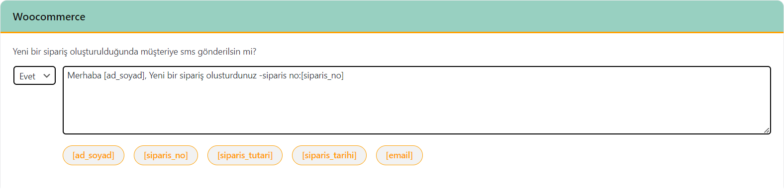 WooCommerce SMS Eklentisi Ayar Sayfası 1